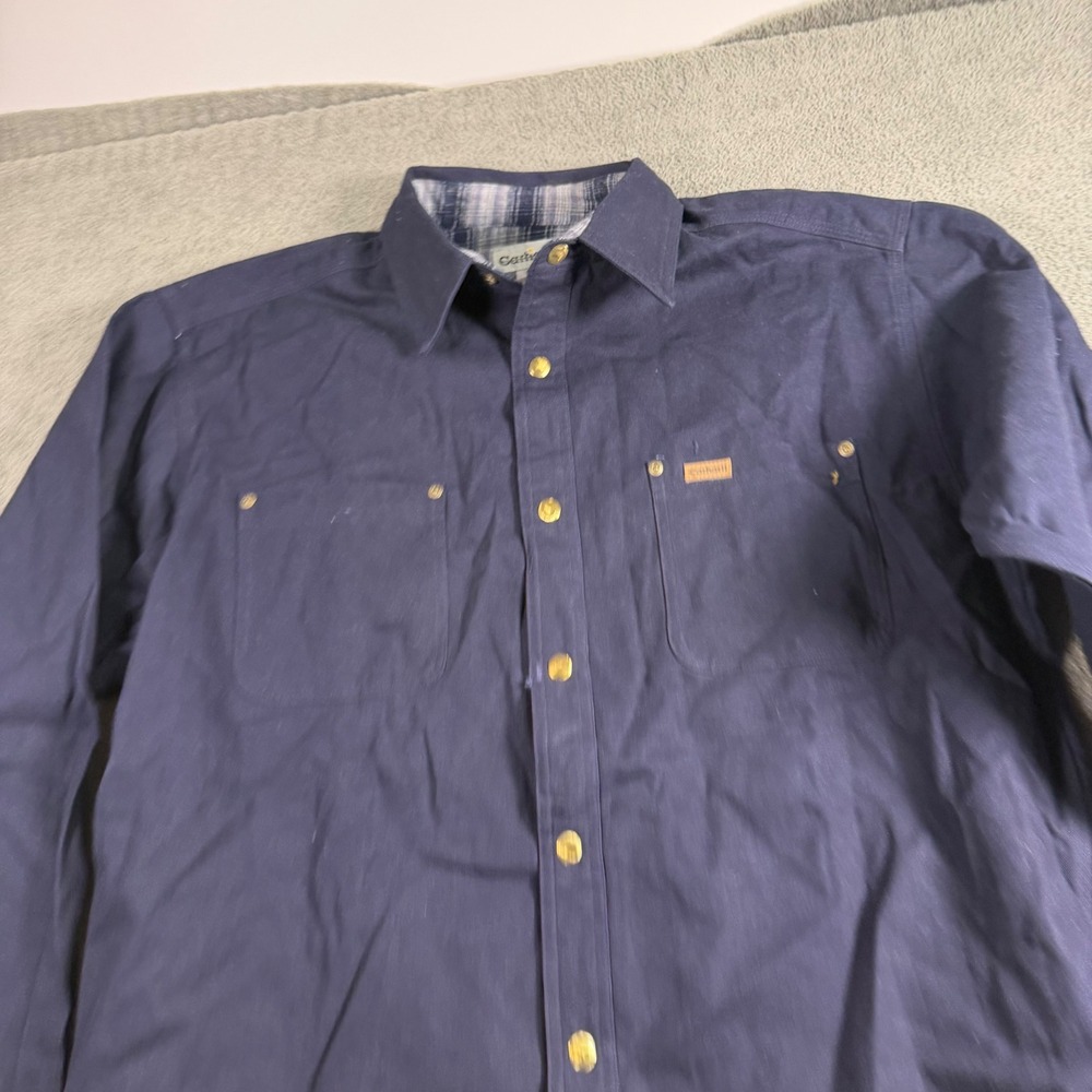 Carhartt Mens L Navy Blue Cotton Long Sleeve Button Up Work Shirt Rivet Pockets